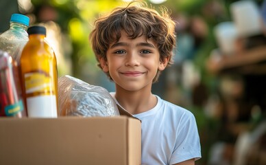 A boy in a white t-shirt lifting a cardboard donation box filled with essential items for a shelter. Generative ai illustration