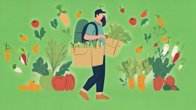 Man carrying groceries walks through colorful vegetable garden with organic produce