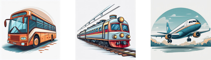 A colorful illustration showcases three modes of transportation: a bus, a train, and an airplane, representing land, rail, and air travel.