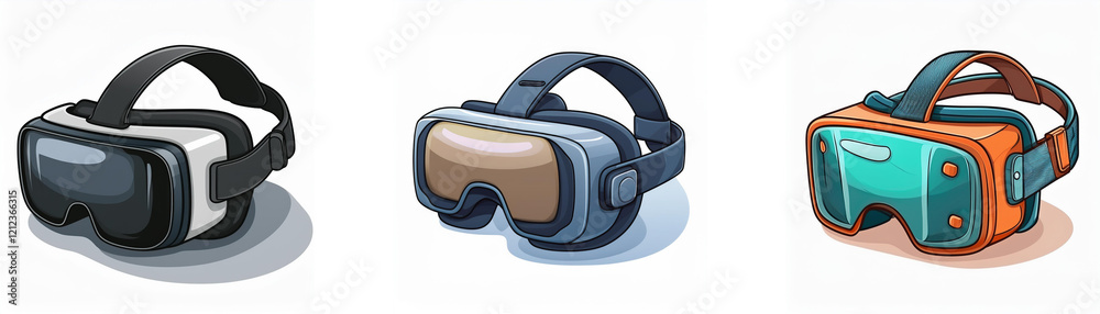Poster three virtual reality headsets in different colors and styles. modern technology for immersive exper