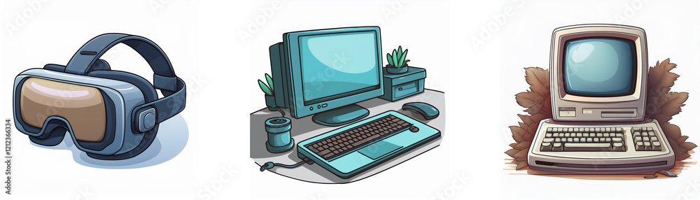 Poster Evolution of computing: VR headset, modern desktop PC, and vintage computer.  A journey through technological advancements.