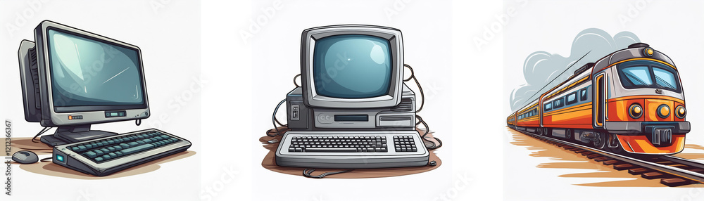 Aufkleber Retro illustration featuring vintage computers and a train, symbolizing technological progress and travel.