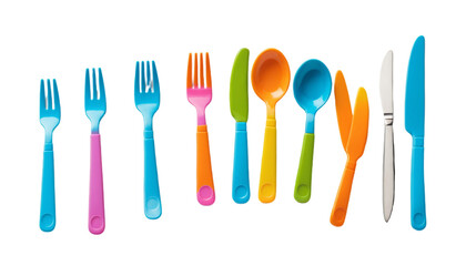 Colorful kids fork, plate and knife png