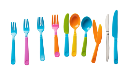 Colorful kids fork, plate and knife png