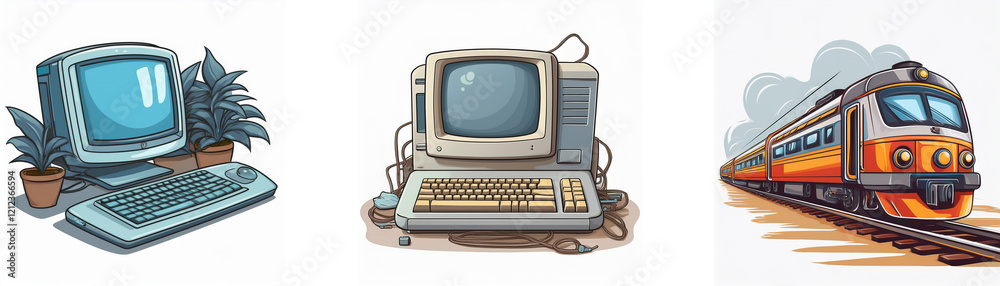 Poster retro illustration featuring vintage computers and a train, symbolizing technological evolution and 