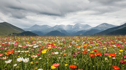 Fototapeta premium Vibrant Wildflower Meadow with Mountain Panorama