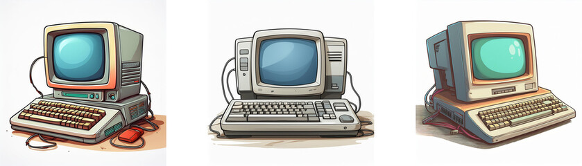 Three vintage computers, depicted in cartoon style, showcasing retro technology and design.  Each has a CRT monitor and keyboard.