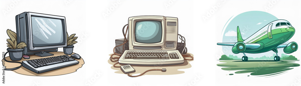 Aufkleber Retro computer technology and air travel illustration.  Nostalgic imagery of vintage computing and a jet plane.