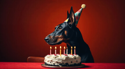 Portrait of a cool black Doberman celebrating birthday