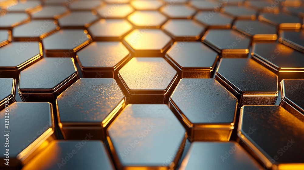 Poster Abstract metallic honeycomb pattern with golden light.