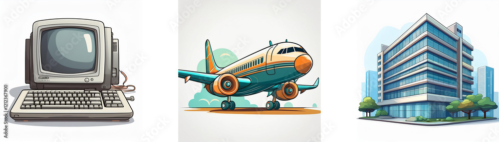 Poster retro computer, airplane, and modern building illustrate technological advancement and global connec
