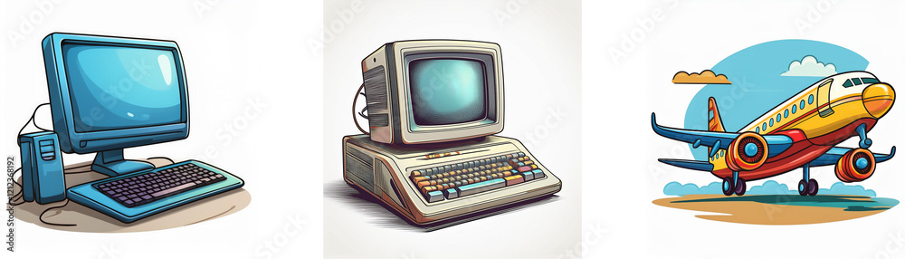 Poster retro illustration featuring vintage computers and a cartoon airplane, suggesting themes of technolo