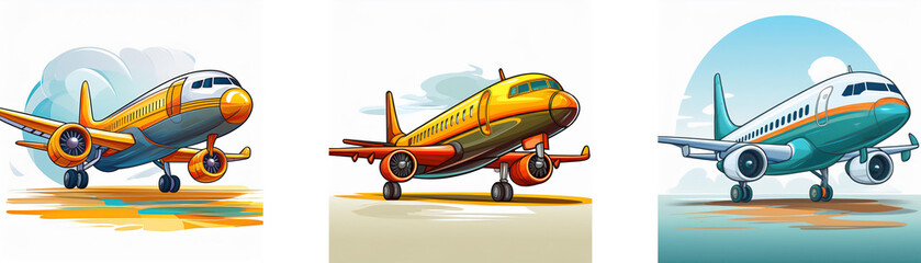 Three cartoon airplanes, diverse colors, on runways; one taking off, two on ground.  Air travel, journey, aviation, vacation.