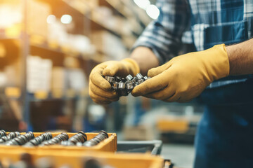 Man inspecting machine parts in industrial warehouse with gloves