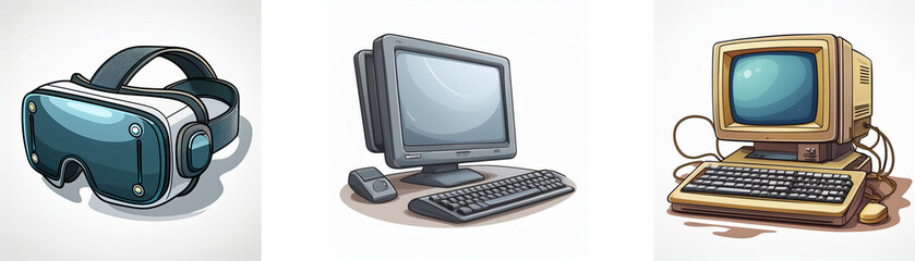 Fototapeta premium Evolution of computing: VR headset, modern desktop, and vintage computer. A journey through technology.