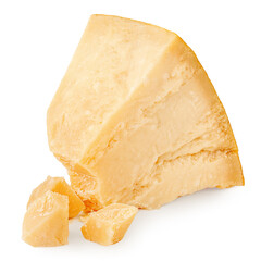 Isolated Parmesan. Piece of parmesan cheese on white background. Fresh cow milk Parmesan or Grana Padano shards.