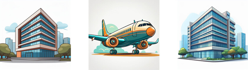 Fototapeta premium A vibrant illustration showcases a modern office building, a passenger airplane, and a city skyline. It symbolizes travel, business, and urban development.