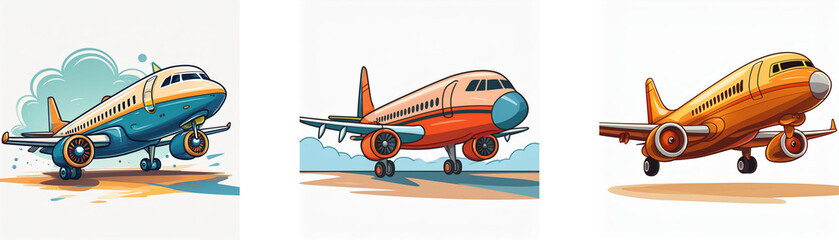 Three cartoon airplanes, diverse colors, landing or taking off.  Depicts travel, aviation, journey.