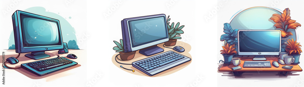 Fototapete Three retro computer setups;  each features a CRT monitor, keyboard, mouse, and potted plants.  A nostalgic digital illustration.