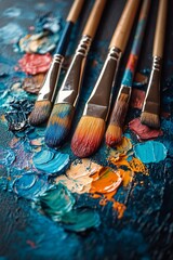 Obraz premium Painterly Palette: A Close-Up of Vibrant Paintbrushes and an Artist's Palette