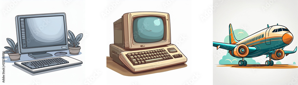 Aufkleber illustration showing evolution of technology: vintage computers and a modern airplane. plants add a 