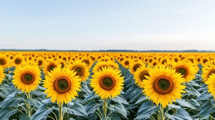 Obraz premium Vibrant Yellow Sunflowers in a Vast Field Under a Clear Sky