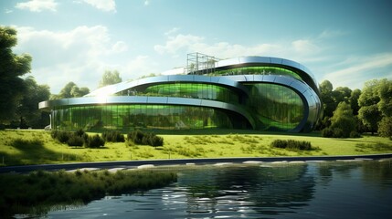 Fototapeta premium Modern corporate building with reflective glass facade surrounded by greenery and water