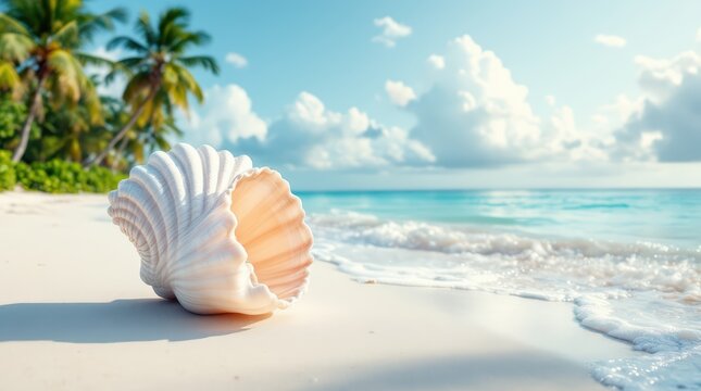 An image of a tranquil beach scene with a focus on a large, detailed shell in the foreground