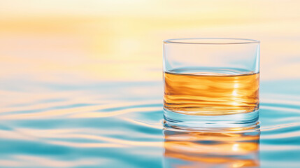 Glass of whiskey on rippling water with sunset reflection