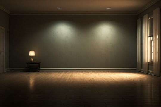 Interior of empty room at night with wooden floor, lamp and spotlights illuminating wall