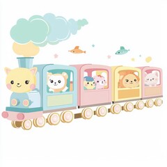 Cute Pastel Illustrated Train with Friendly Animals
