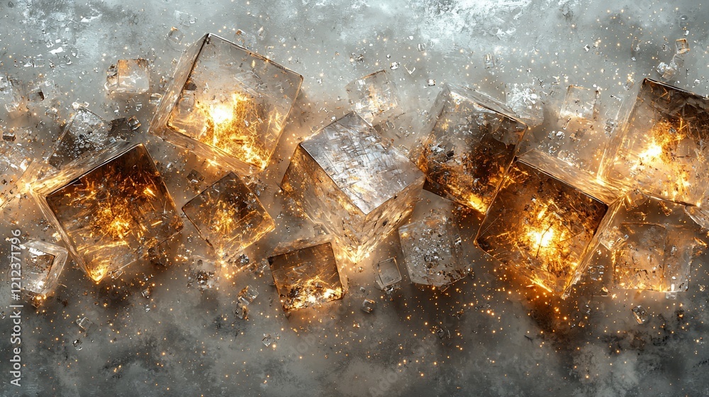 Poster glowing ice cubes on grey surface.