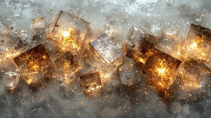 Glowing ice cubes on grey surface.