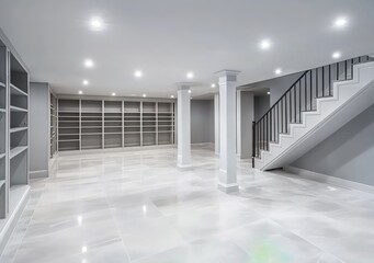 White marble floor in the basement with gray walls and white shelves, a staircase on the right side of the photo, lights from the ceiling, and an empty space for furniture or bookshelves.