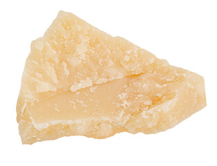 Isolated Parmesan. Piece of parmesan cheese on white background. Fresh cow milk Parmesan or Grana Padano shards.