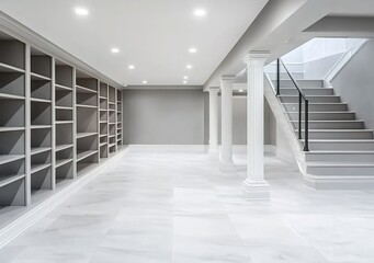Fototapeta premium White marble floor in the basement with gray walls and white shelves, a staircase on the right side of the photo, lights from the ceiling, and an empty space for furniture or bookshelves.