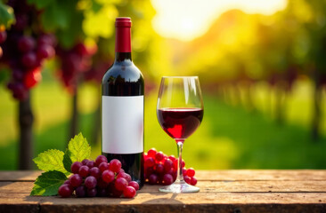 Obraz premium bottle of red wine and glass of wine against the background of vineyards