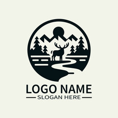 Fototapeta premium Elk Creek Logo Design, Mountain Stream Logo, Wildlife River Logo