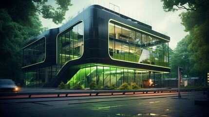 Futuristic building with glowing green lights at twilight