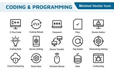 Programming coding set of web icons in line style. Software development icons for web and mobile app. Code, api, programmer, developer, information technology, coder and more.