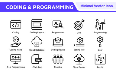 Programming coding set of web icons in line style. Software development icons for web and mobile app. Code, api, programmer, developer, information technology, coder and more.