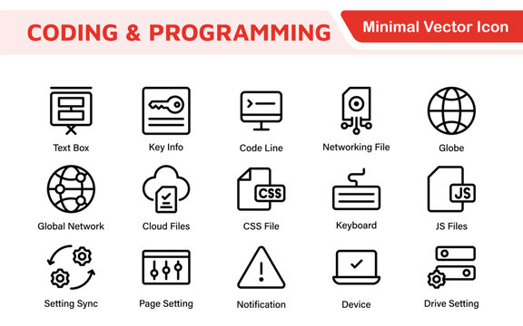 Programming coding set of web icons in line style. Software development icons for web and mobile app. Code, api, programmer, developer, information technology, coder and more.