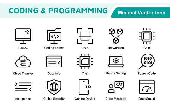 Programming coding set of web icons in line style. Software development icons for web and mobile app. Code, api, programmer, developer, information technology, coder and more.