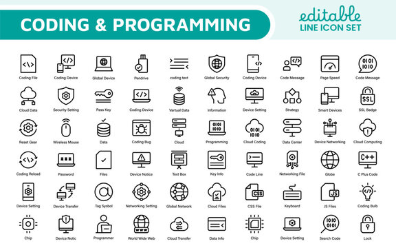 Programming coding set of web icons in line style. Software development icons for web and mobile app. Code, api, programmer, developer, information technology, coder and more.