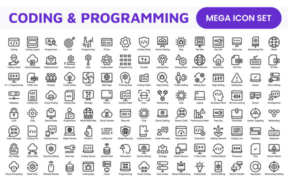 Programming coding set of web icons in line style. Software development icons for web and mobile app. Code, api, programmer, developer, information technology, coder and more.