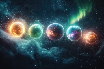 Obraz premium A magical planetary alignment, each planet glowing with a unique color, surrounded by sparkling stardust and glowing auroras, copy space background