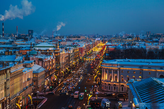 Aerial view of festively decorated Nevsky Prospect from the Dumskaya Tower.
