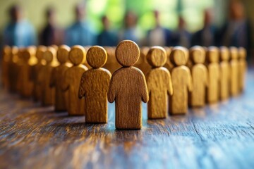 Wooden Figures in a Circle:  A symbolic image of unity and community, featuring small wooden figures arranged in a circle around a central figure on a rich dark brown wooden surface.