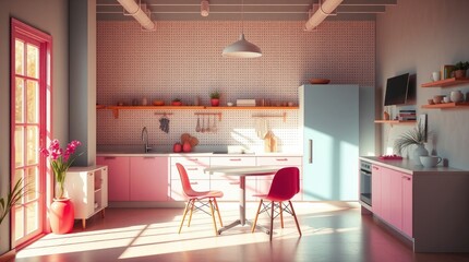 Fototapeta premium modern kitchen, emphasizing clean lines and functionality, featuring a pegboard wall and stylish furniture, shown in electric vivid colors,shadows