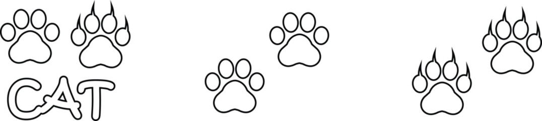 Cat paw print design flat and line icon set. Black vector collection isolated on transparent background. Footprint pet step symbol for animal zoo, vet logo element apps and websites.